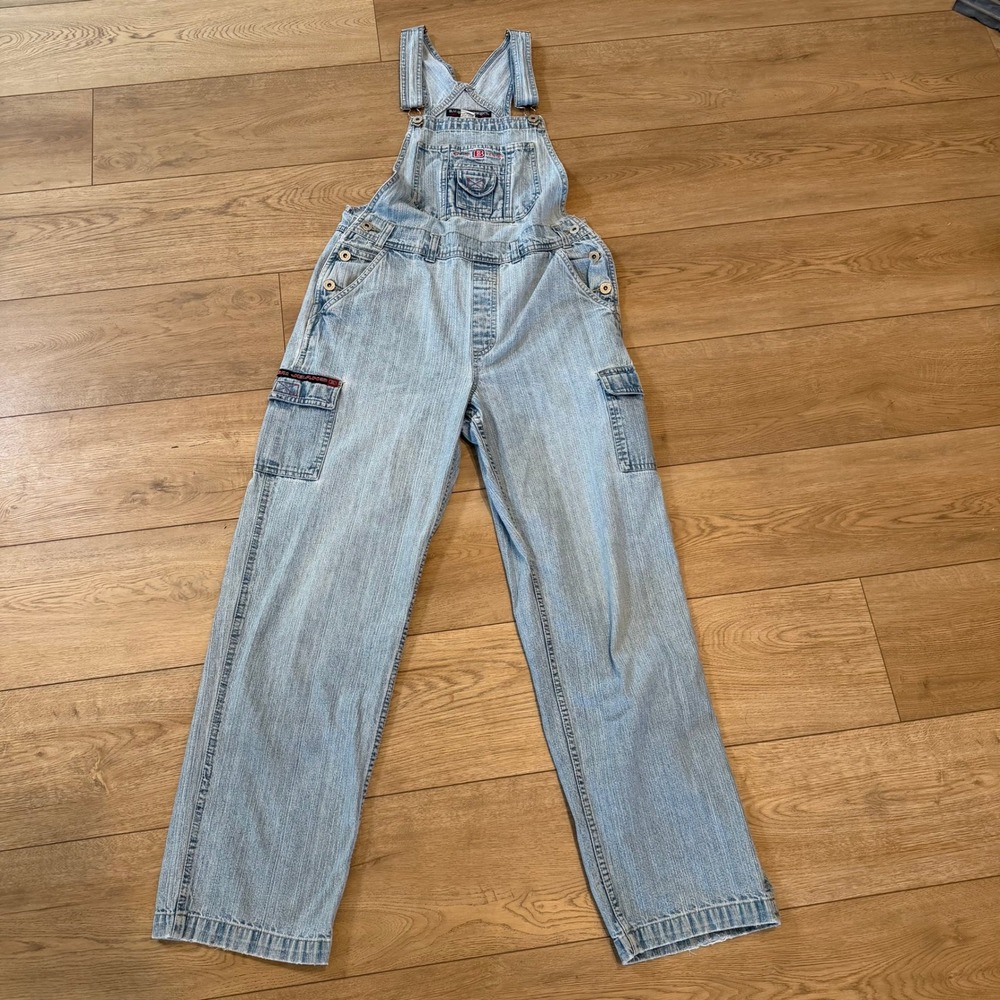 B.U.M. Equipment Vintage Denim Overalls Light Wash Cargo Wide Leg Mens Medium